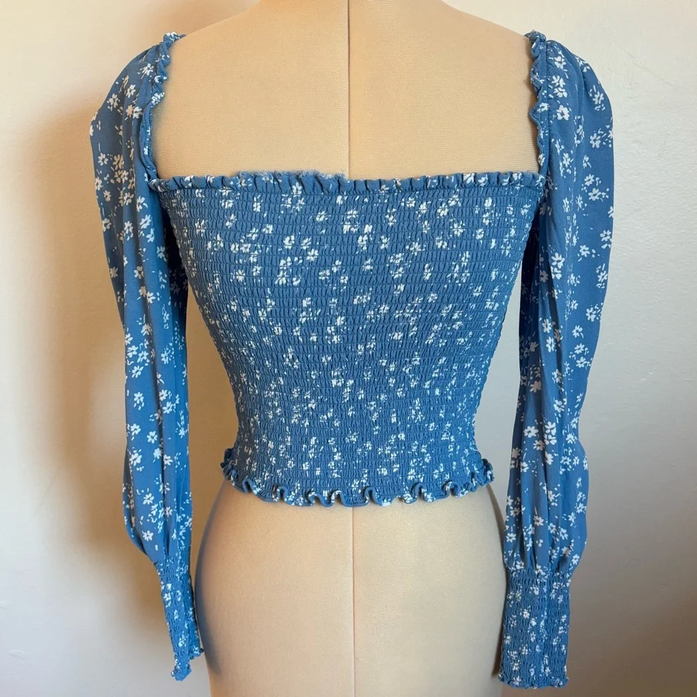 Reformation Pinto Top in Lassen Blue, Smocked, Puff Long Sleeve Dainty Floral, S